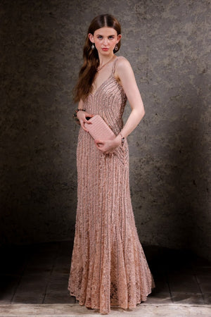 Blush Pink Hand-Beaded Lace Gown