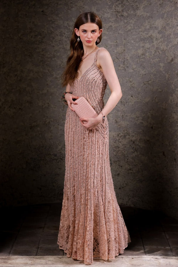 Blush Pink Hand-Beaded Lace Gown