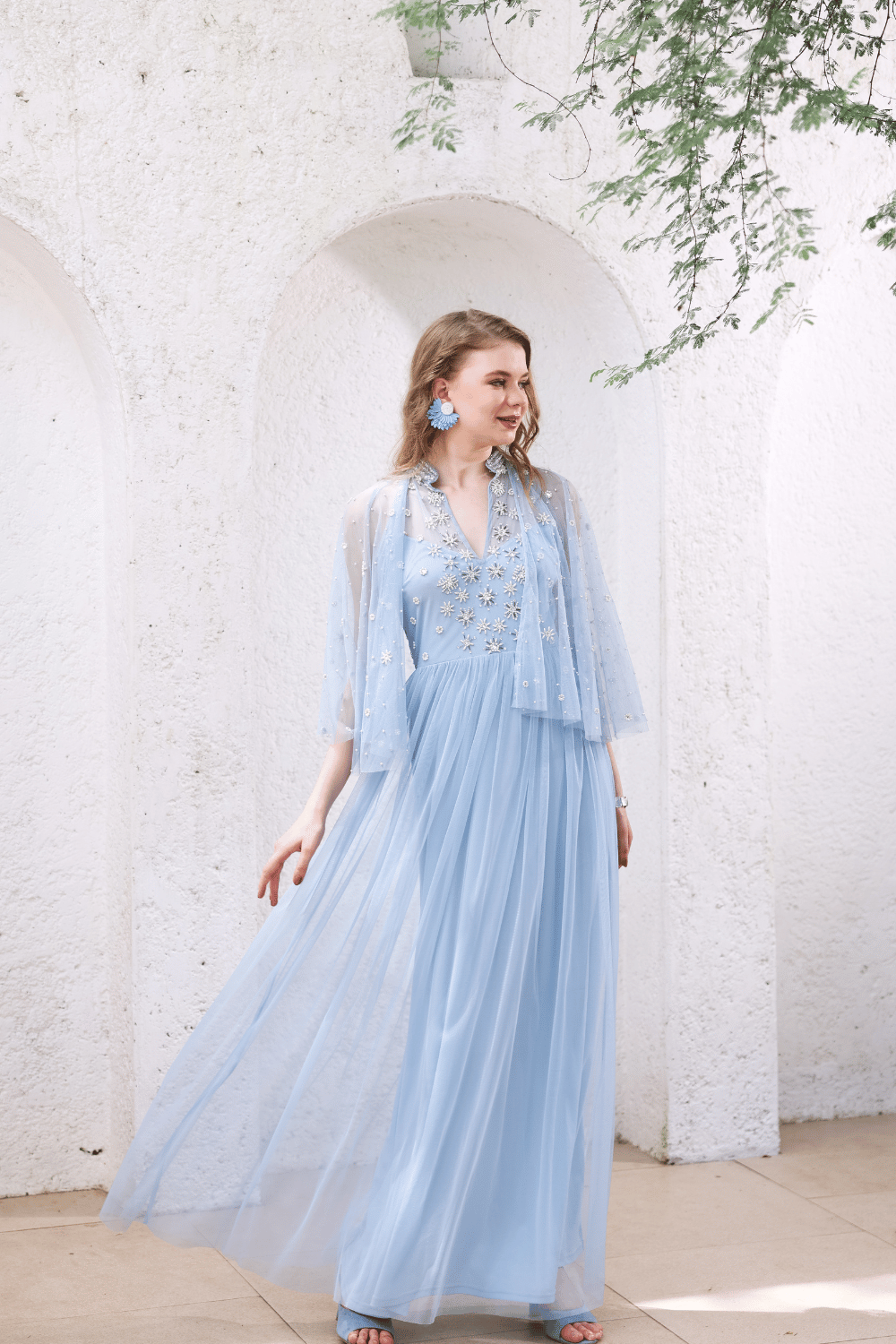 Powder Blue Hand-Beaded Dress with Sheer Cape