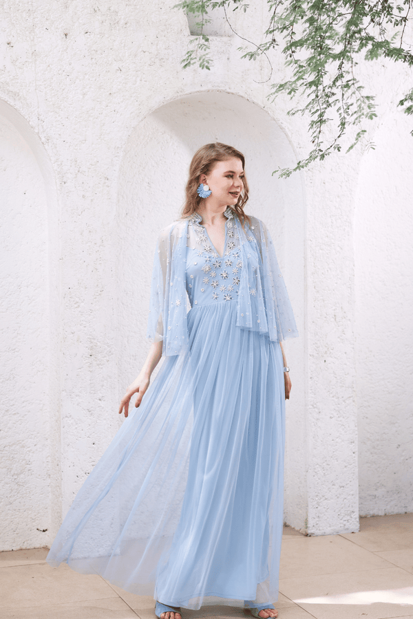 Powder Blue Hand-Beaded Dress with Sheer Cape