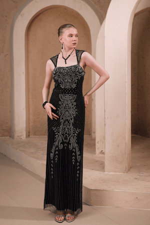 Full view of Edition Two black beaded evening gown with baroque detailing 