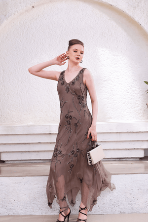 Taupe Hand-Beaded Dress