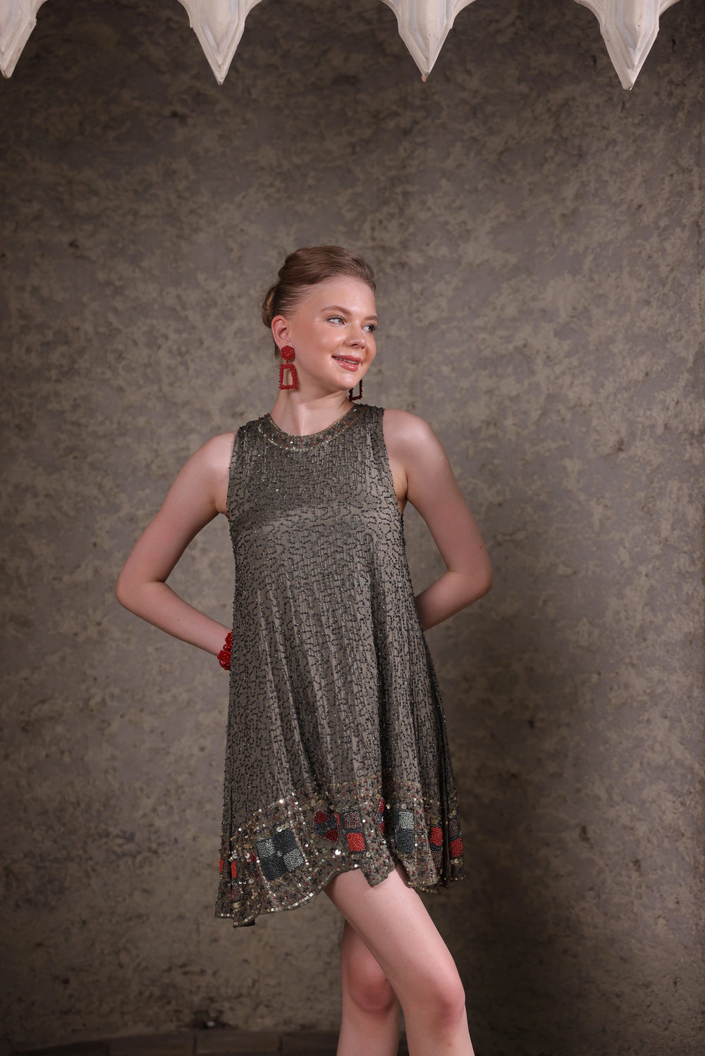 Olive Sequin Embellished Shift Dress