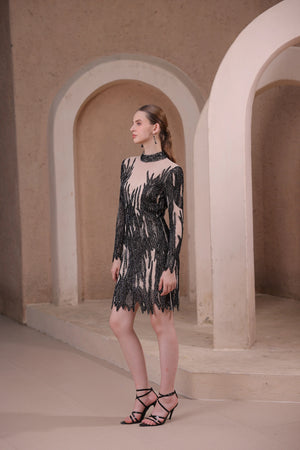 Black Flame Beaded Illusion Dress