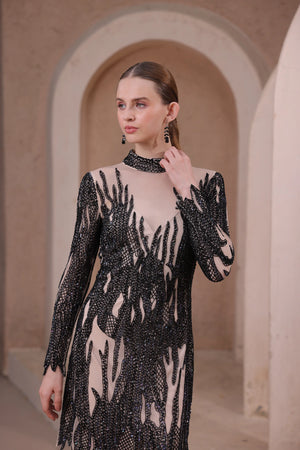 Black Flame Beaded Illusion Dress