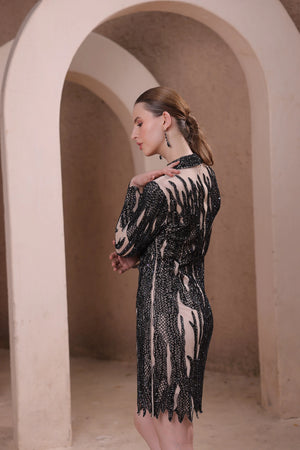 Black Flame Beaded Illusion Dress