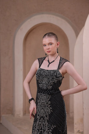 Black Beaded Evening Gown with Baroque Detailing