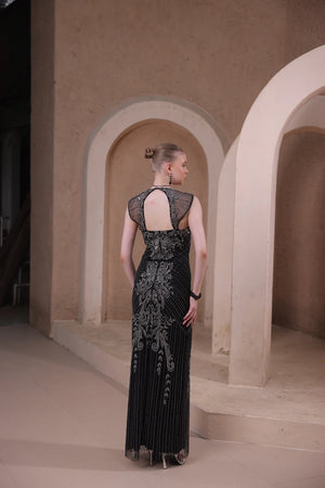 Black Beaded Evening Gown with Baroque Detailing