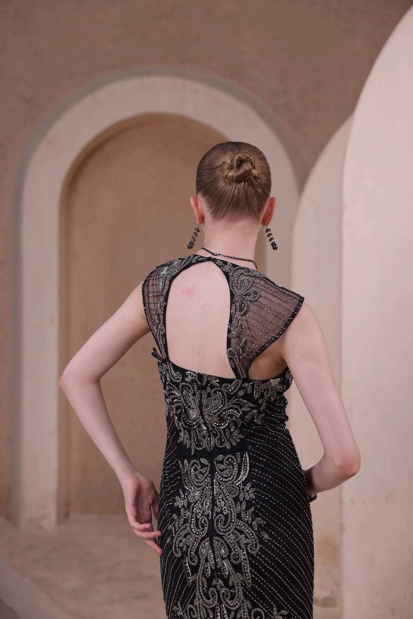 Black Beaded Evening Gown with Baroque Detailing Black Beaded Evening Gown with Baroque Detailing