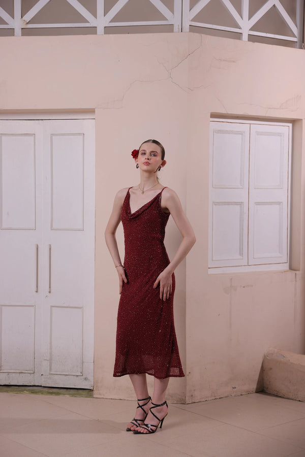 Wine Red Hand-Embellished Slip Dress