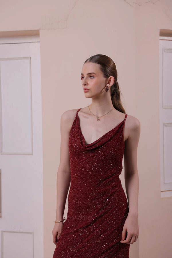 Wine Red Hand-Embellished Slip Dress