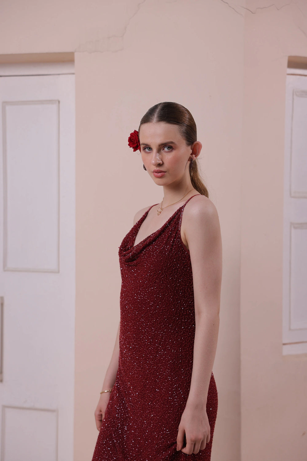 Wine Red Hand-Embellished Slip Dress