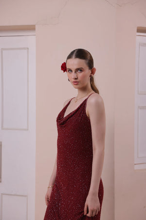 Wine Red Hand-Embellished Slip Dress