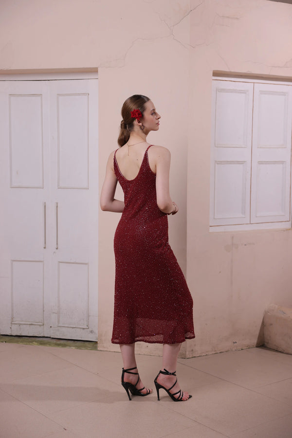 Wine Red Hand-Embellished Slip Dress