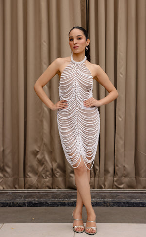 Nude Pearl Draped Dress