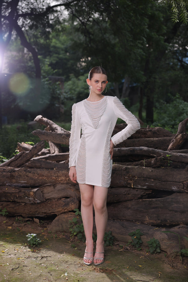 Ivory Pearl Embellished Mini Dress