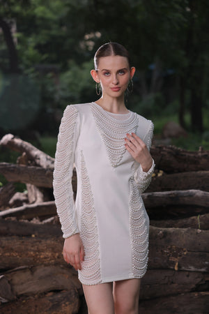 Ivory Pearl Embellished Mini Dress