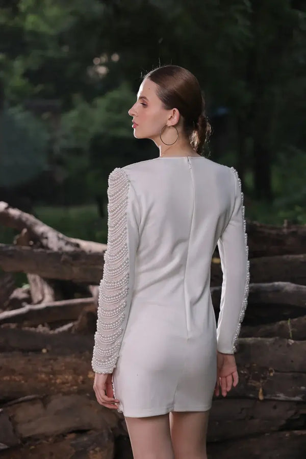 Ivory Pearl Embellished Mini Dress
