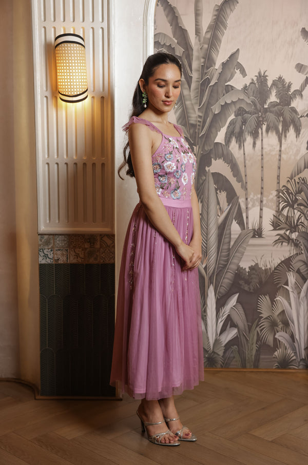 Lilac Hand-Embroidered Midi Dress