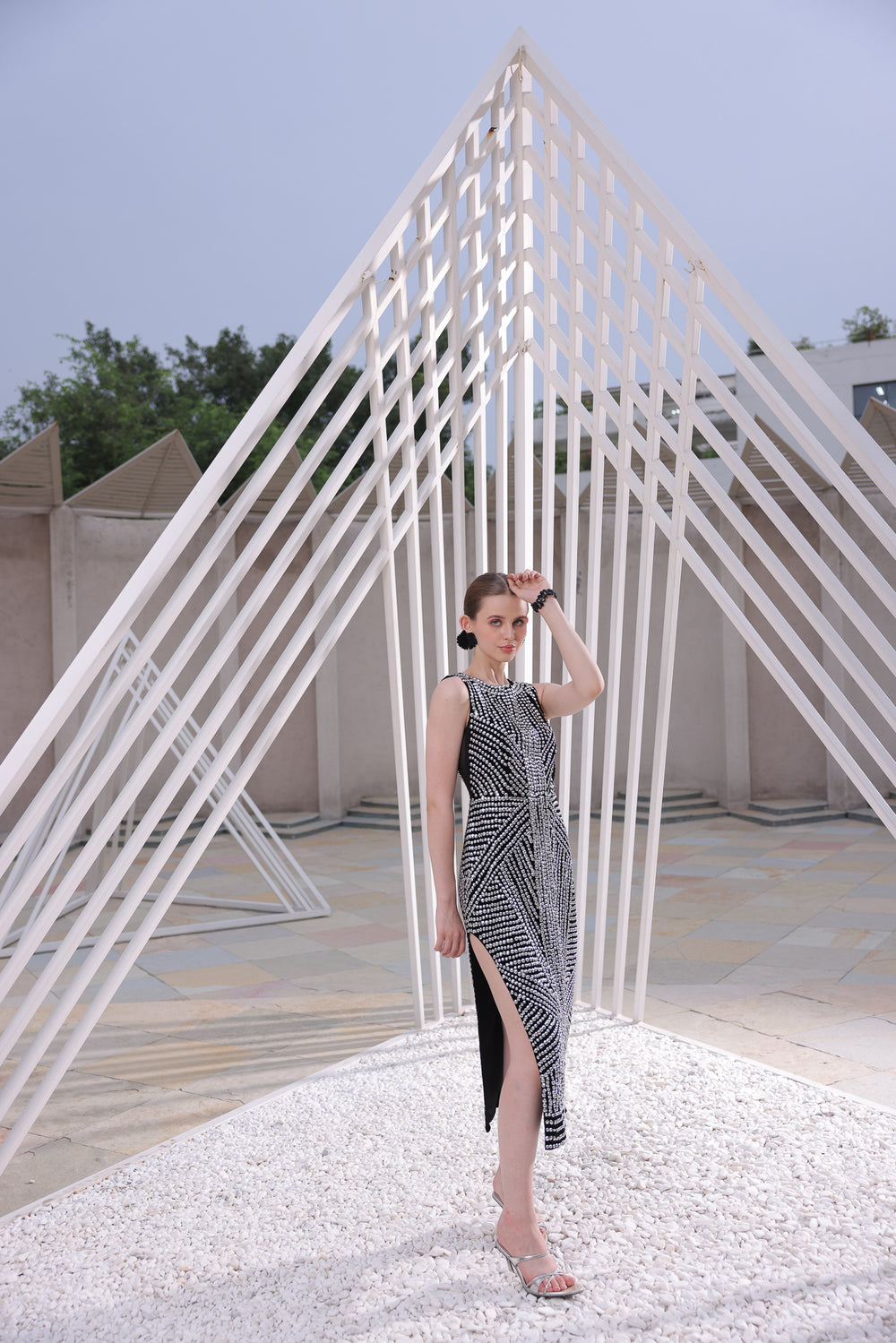 Monochrome Embellished Slit Dress