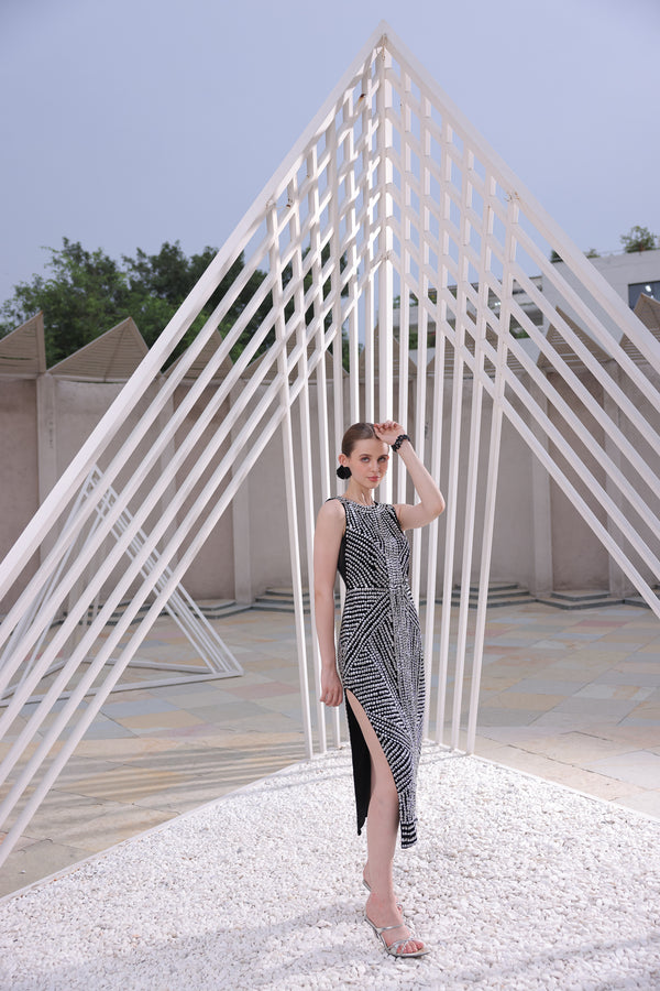 Monochrome Embellished Slit Dress