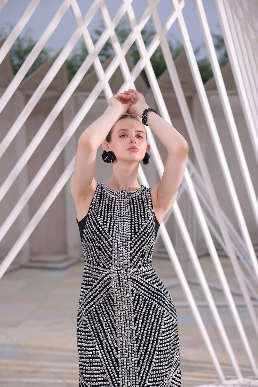 Monochrome Embellished Slit Dress