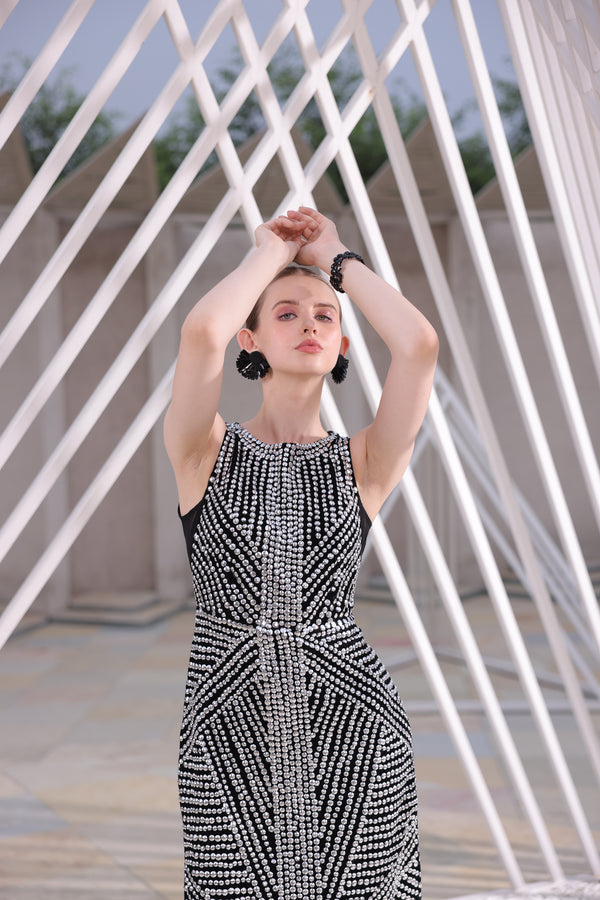 Monochrome Embellished Slit Dress