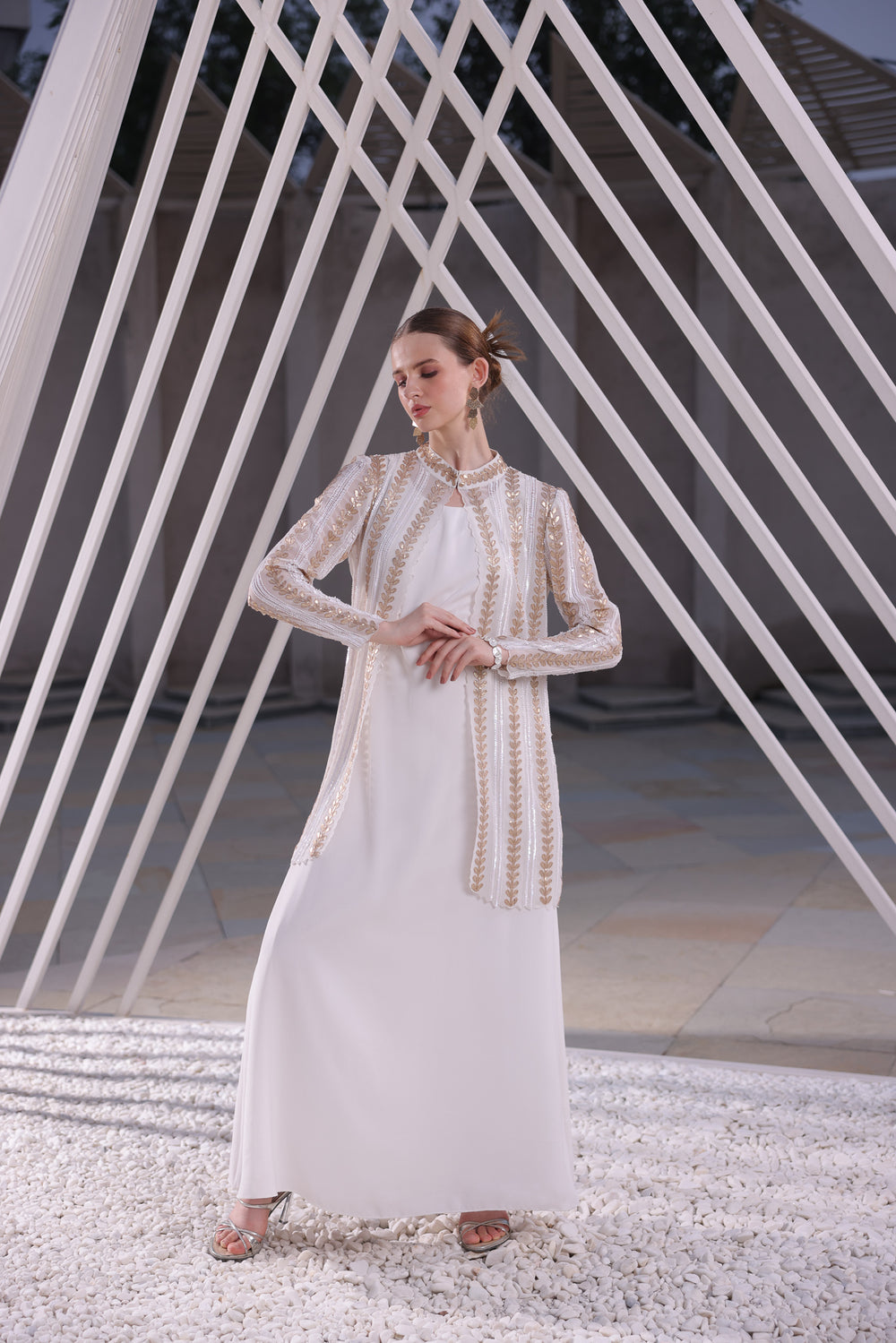 Ivory Embroidered Long Shrug