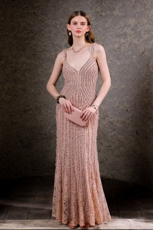 Blush Pink Hand-Beaded Lace Gown