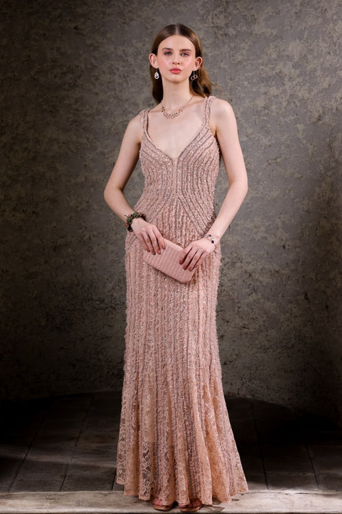 Blush Pink Hand-Beaded Lace Gown