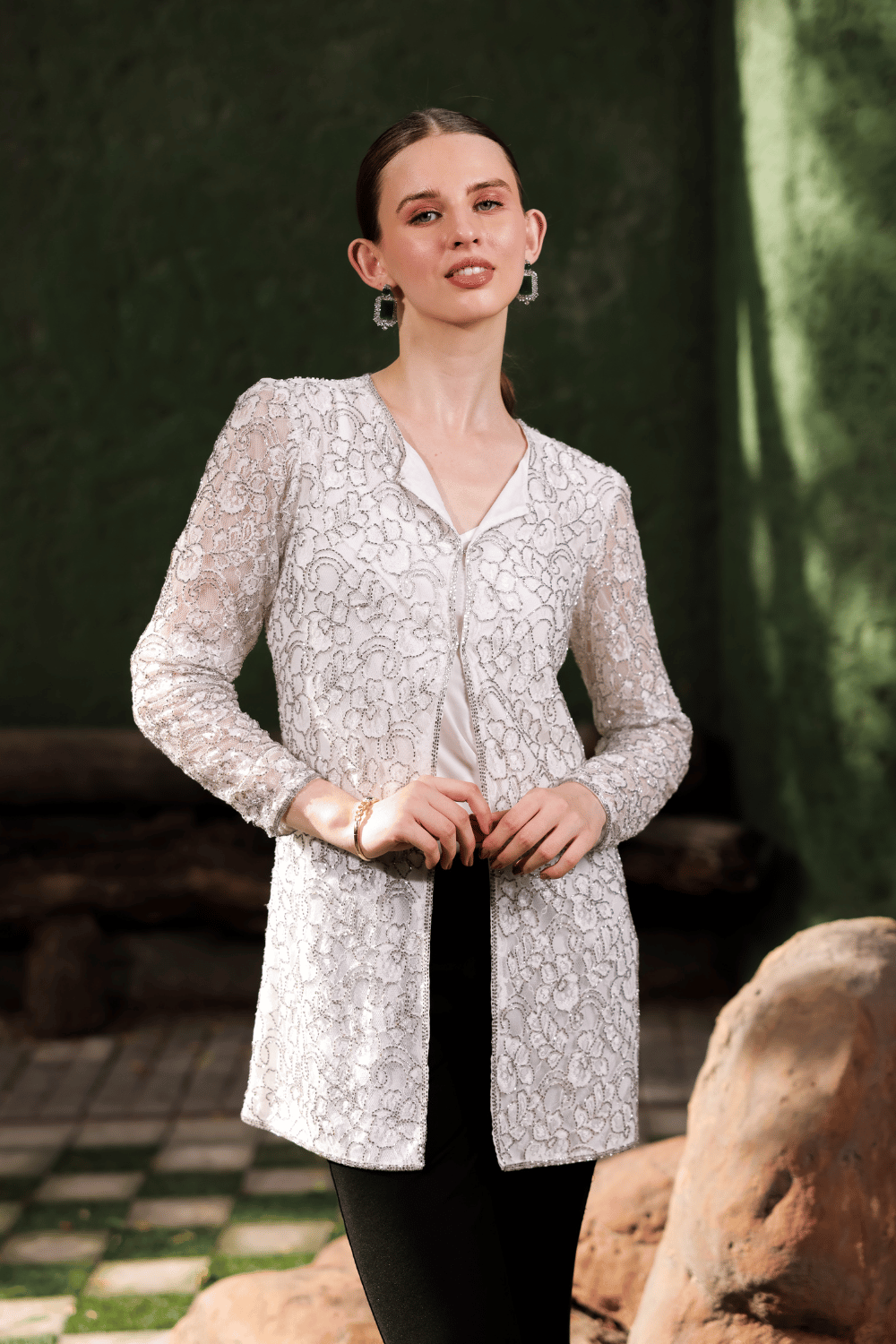 Edition Two ivory lace cape – front view on model, sheer floral lace layering piece for women