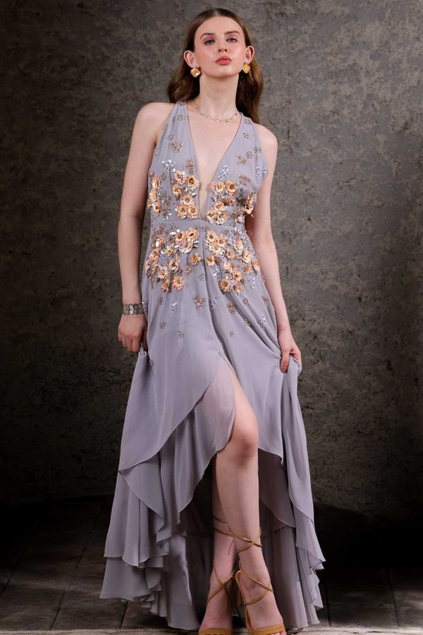 Platinum Embellished High-Low Gown