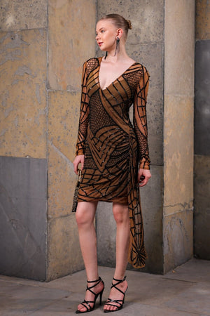 Bronze and Black Hand-Beaded Mesh Dress