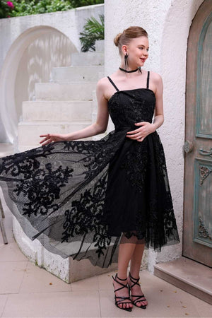 Black Hand-Beaded Lace Dress