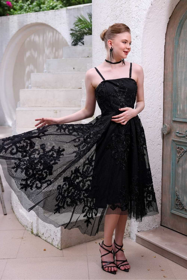 Black Hand-Beaded Lace Dress