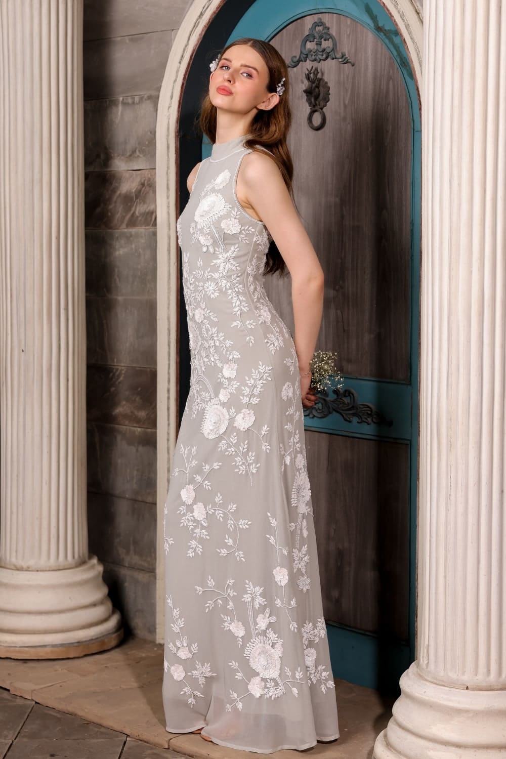 Grey Floral Hand-Embroidered Gown