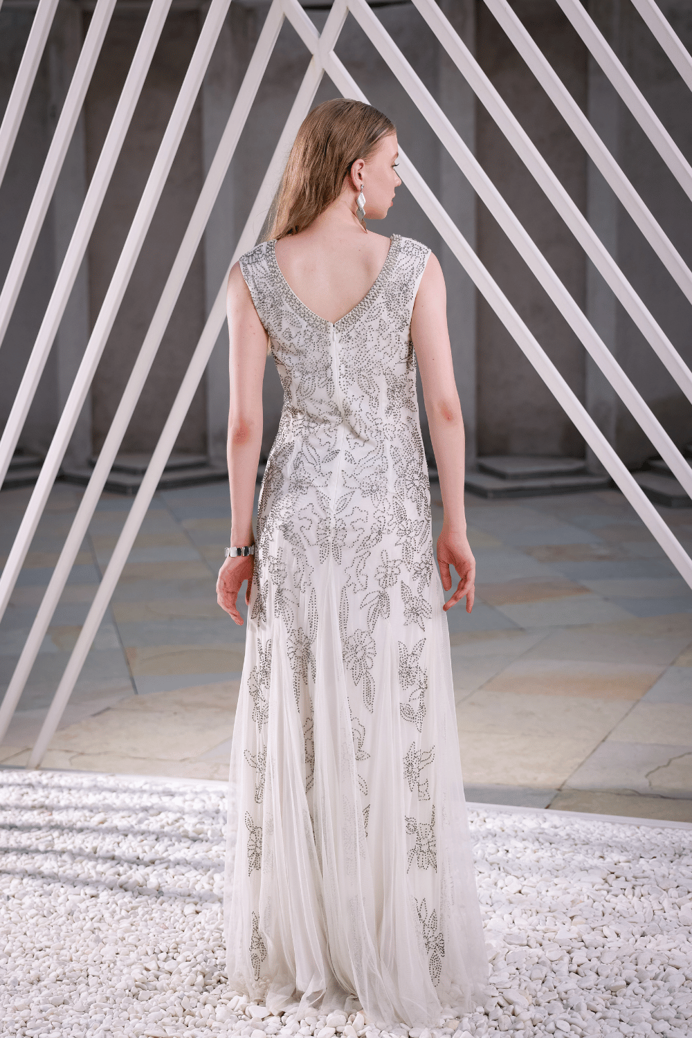 Edition Two ivory embellished floor-length gown – front view on model, luxury evening wear for women in India