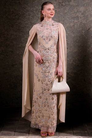 Nude Hand-Embellished Cape Gown