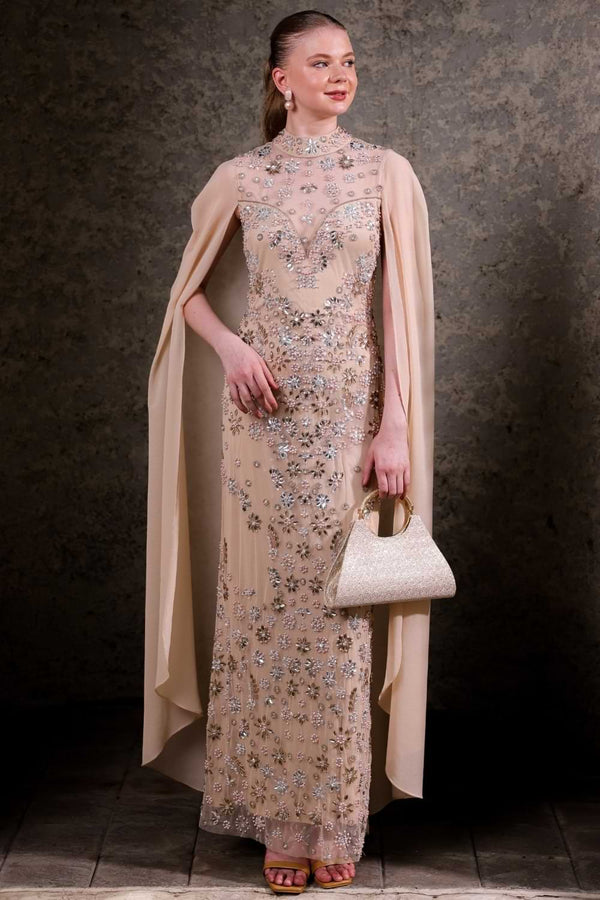 Nude Hand-Embellished Cape Gown