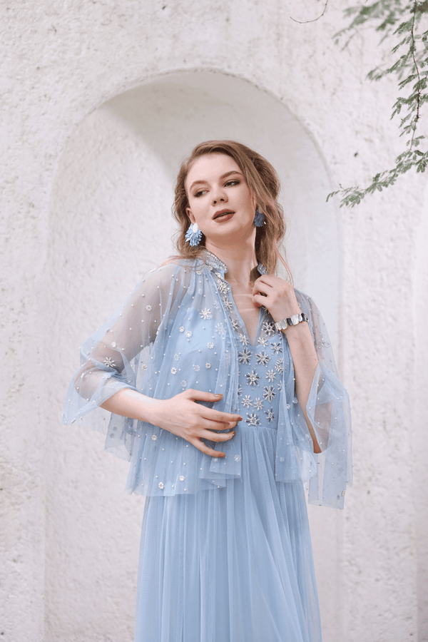 Powder Blue Hand-Beaded Dress with Sheer Cape