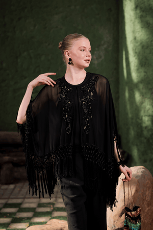 Edition Two black beaded fringe cape – front view on model, evening layer for women’s designer wear India