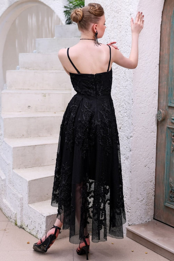 Black Hand-Beaded Lace Dress