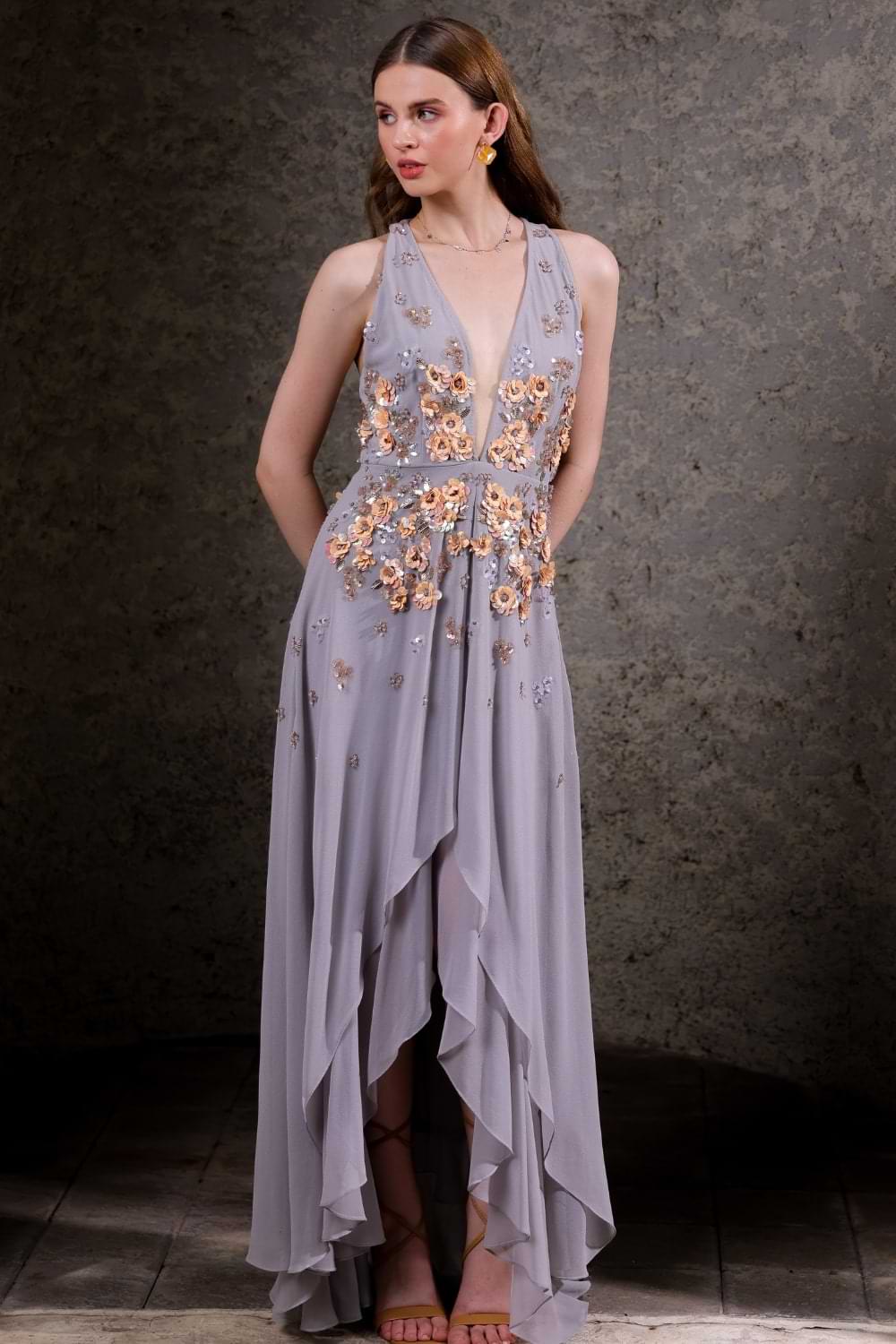 Platinum Embellished High-Low Gown