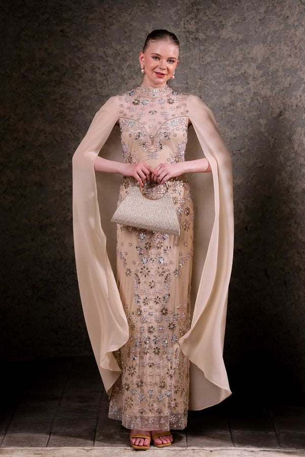 Nude Hand-Embellished Cape Gown
