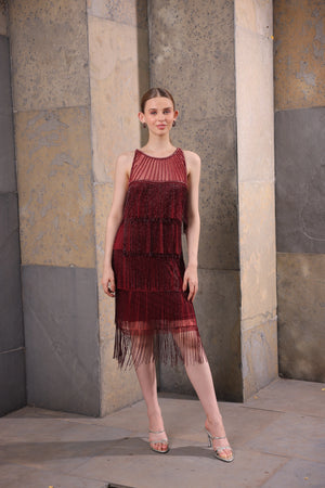 Wine Hand-Beaded Fringe Dress