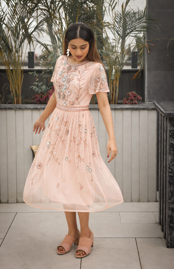 Blush Floral Embellished Tulle Dress