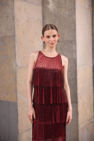Wine Hand-Beaded Fringe Dress