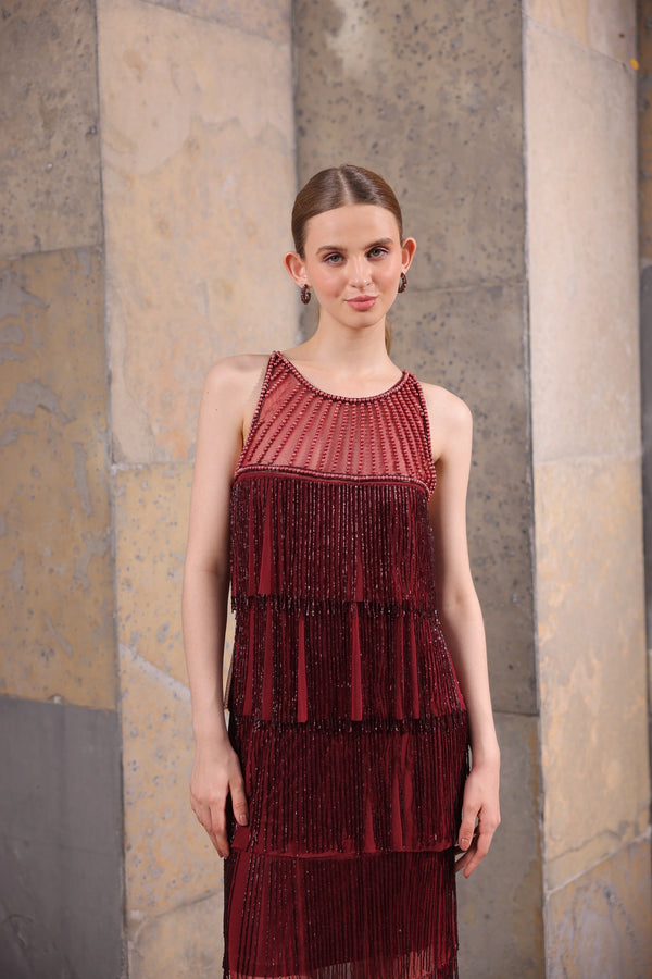 Wine Hand-Beaded Fringe Dress