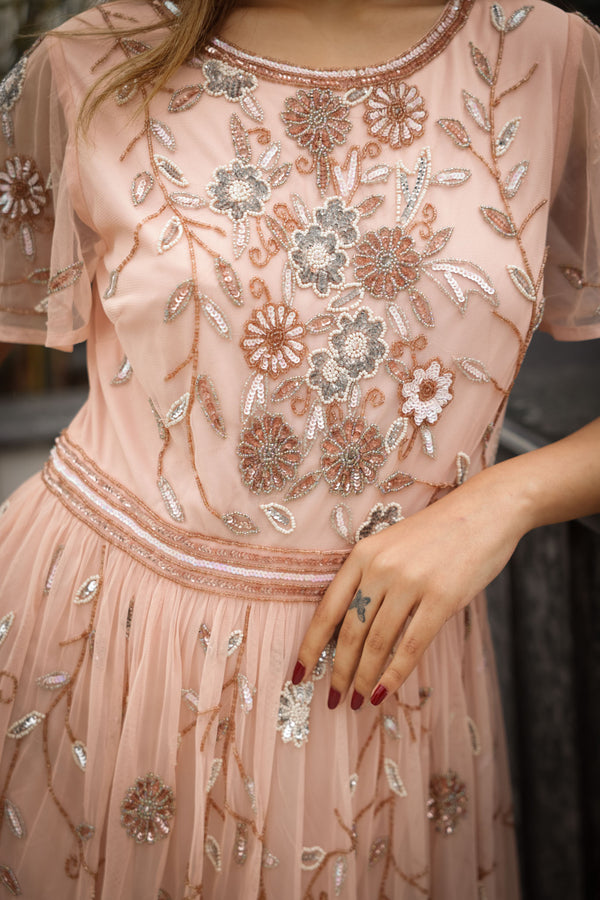Blush Floral Embellished Tulle Dress
