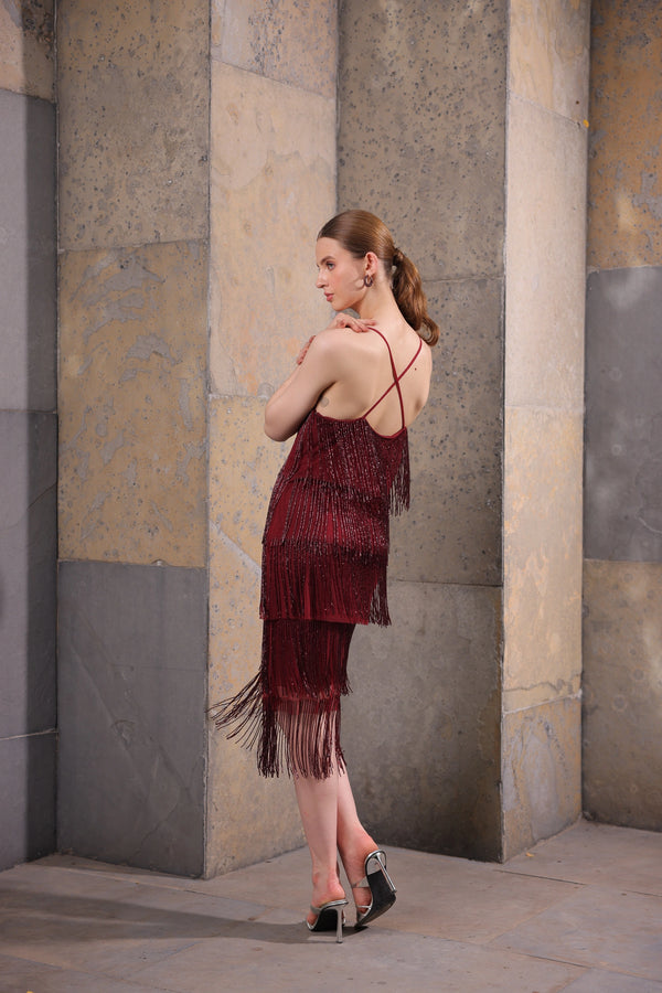 Wine Hand-Beaded Fringe Dress